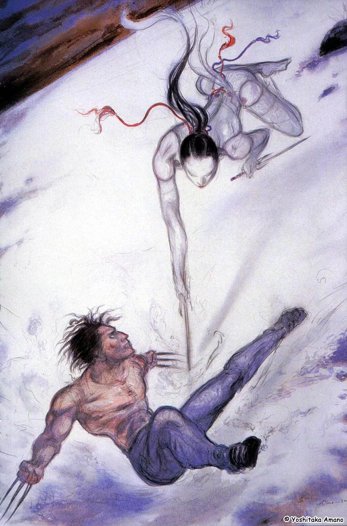 Yoshitaka Amano — Elektra et Wolverine dans la neige — Elektra & Wolverine