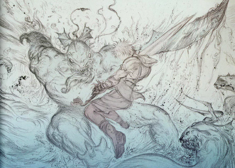 Yoshitaka Amano — Yuna et Sin, une danse aquatique — Final Fantasy X
