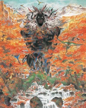Yoshitaka Amano — Guerrier spectral dans un paysage automnal