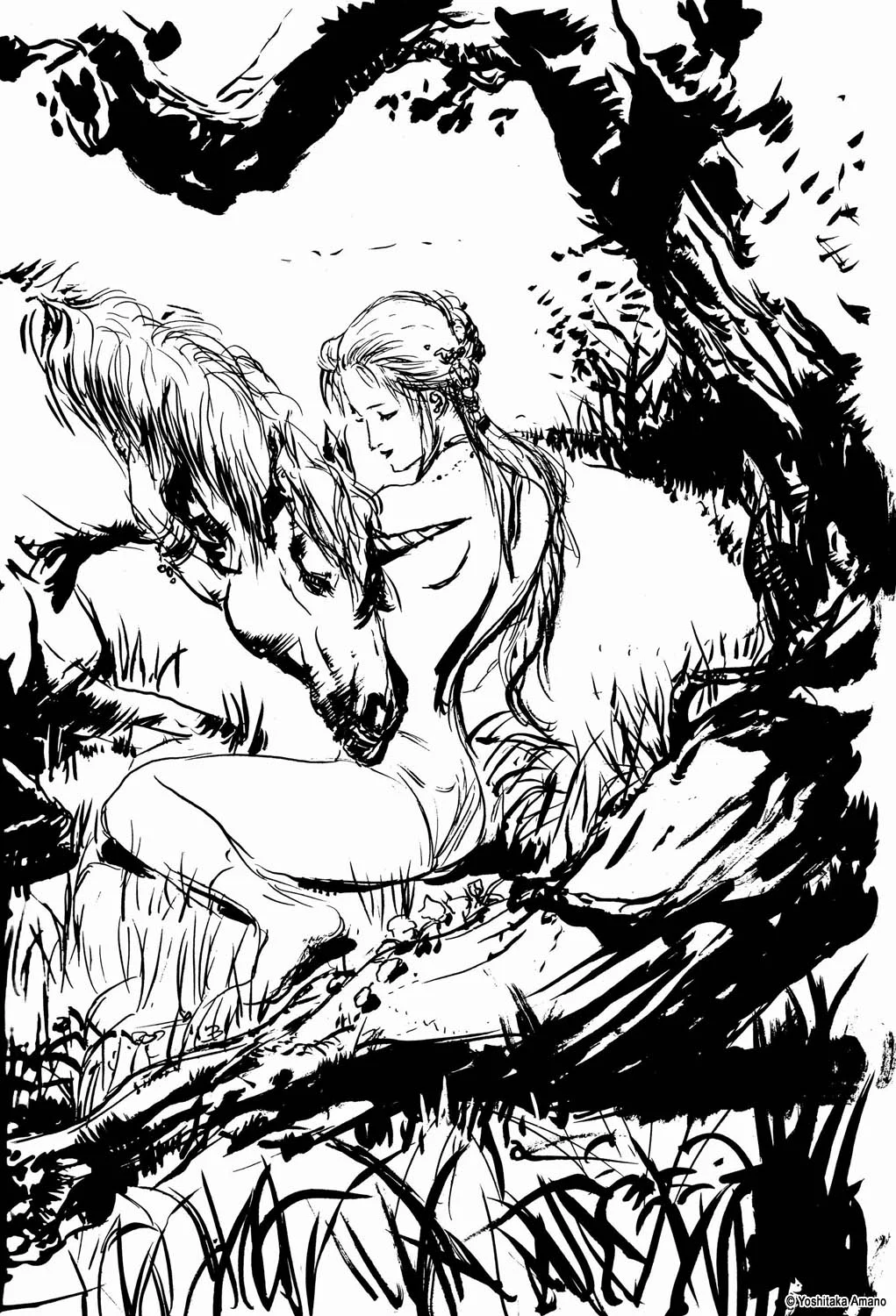 Yoshitaka Amano — Tête-à-tête sous l'arbre — Noir & Blanc